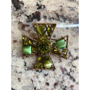 Vintage Green Rhinestone Maltese Cross Brooch Mid Century Statement Pin